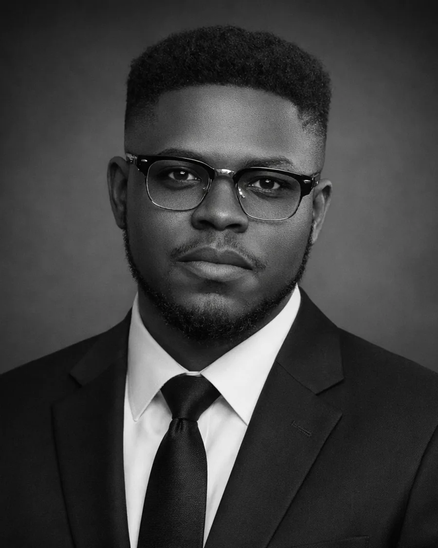 Black-and-white portrait of Daniel Adesoji in a suit and tie